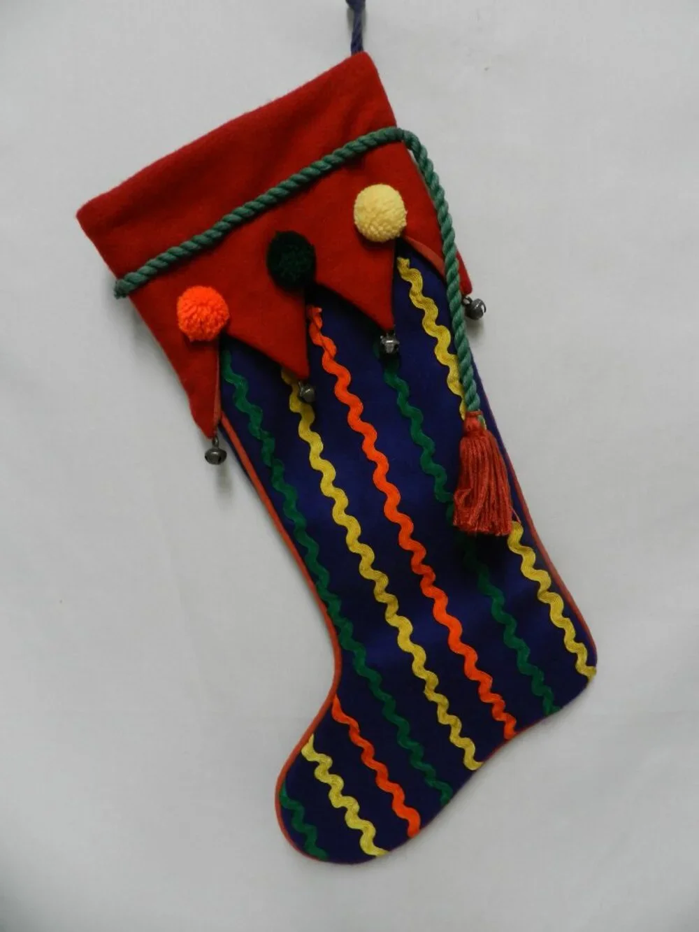 Crate & Barrel Christmas Jester Stocking Holidays w/ Pom Poms & Bells Vintage